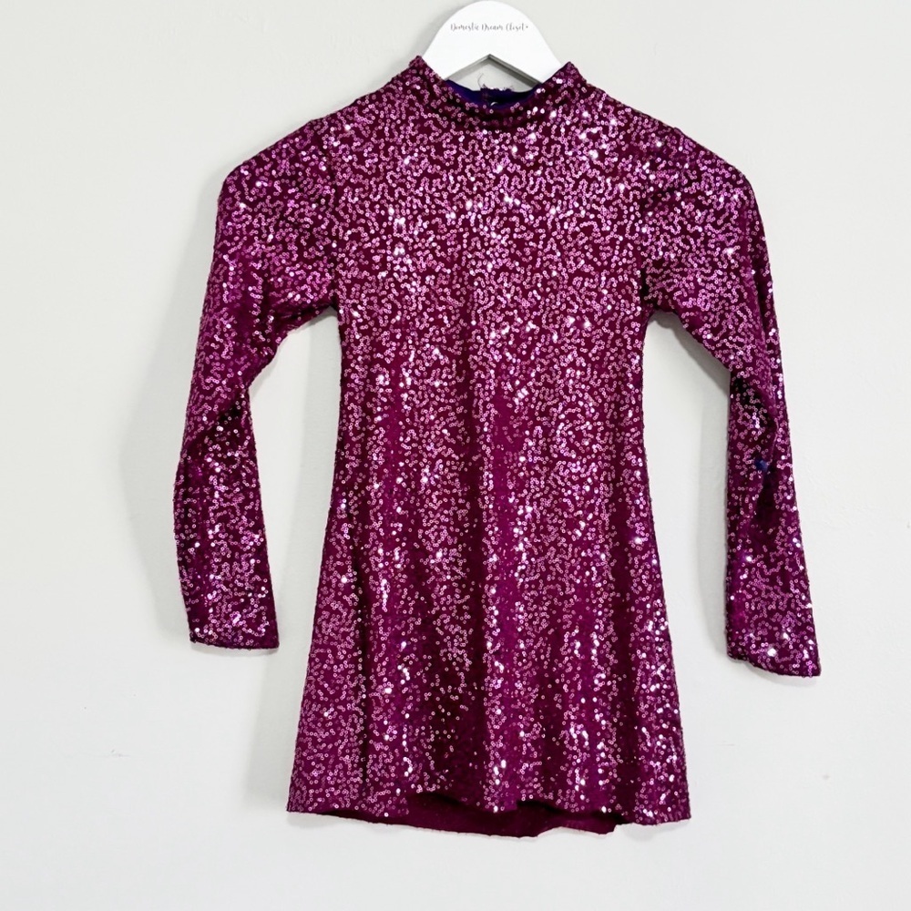 CURTAIN CALL Girl’s Purple Sequin Dance Costume Under Shorts Long Sleeve Sz CME